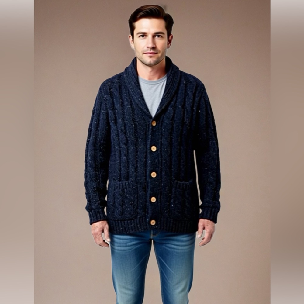 J. Peterman Wool Cardigan, collar, pockets, speckled blue, L(fits like XL)